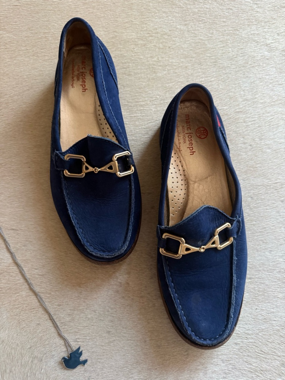 Marc Joseph Navy Suede Loafers with Gold Bit